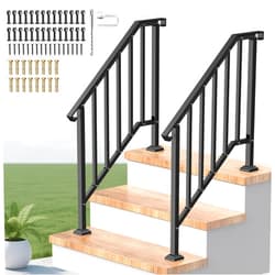 VZNEK Outdoor Handrails for Steps, Stair Railing Kit for Concrete & Porch Steps, Adjustable Black Iron Hand Rail for Seniors, Easy Installation, Retro Arch Design (2 Pack-3 Steps)