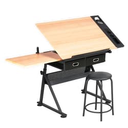 Yaheetech Height Adjustable Drafting Table Drawing Table Artist Desk Tilting Tabletop Art Craft Desk Watercolor Paintings Sketching Work Station w/2 Storage Drawers and Stool for Home Office