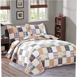 Jessy Home Quilt Set Queen Size Plaid Bedspread Coverlet Queen Quilts Patchwork Bedding Mens Plaid Collection Quilt Bedspread Lightweight Reversible Quilt Bedding Set Queen Bedspread with Pillow Shams,Beige