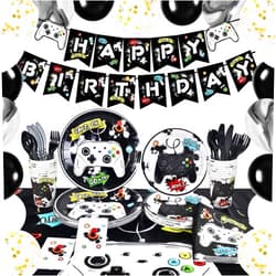 WERNNSAI Watercolor Video Game Party Supplies - Gaming Party Decoration for Boys Birthday Banners Balloons Plates Cups Napkins Tablecloth Cutlery Bags Tableware Set Serves 16 Guests 153 PCS