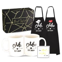 DDOFAH Mr and Mrs Est 2024 Mug and Apron Set, Wedding Engagement Anniversary Bridal Shower Gifts for Couple Mr and Mrs Smith Bride Groom Husband Wife Newlyweds Gifts