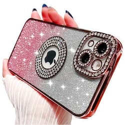 MINSCOSE Compatible with iPhone 15 Glitter Case,Luxury Cute Sparkle Diamond Design with Bling Camera Protection Plating Logo View,Aesthetic Shockproof Bumper for Women Girls Phone Cover-Pink