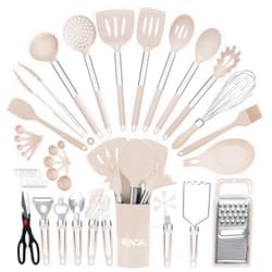 RFAQK Silicone Kitchen Utensils Set With Holder, 40PCs Heat Resistant Cooking Set for Nonstick Cookware, Kitchen Gadgets includes Can Opener, Potato Masher & Peeler, Tongs,spatulas,Pizza cutter Khaki…