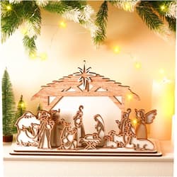 Soaoo 15 Pcs Christmas Nativity Sets Wooden Nativity Table Centerpiece Nativity Table Sign The Holy Family Figure Manger Scene of Jesus Christ's Birth Religious Xmas Decor for Christian Tabletop Gift