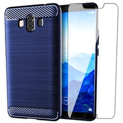 Asuwish Phone Case for Huawei Mate 10 with Tempered Glass Screen Protector Cover and Cell Accessories Soft TPU Silicone Slim Protective Hawaii Mate10 ALP-L09 ALP-L29 Women Men Carbon Fiber Navy Blue