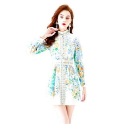 LAI MENG FIVE CATS Women's Button up Floral Print Long Sleeve Casual A-line Mini Shirt Dress