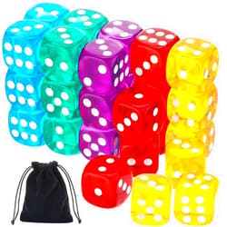 TecUnite Game Dice Sets 30 Pieces 6-Sided Game Dice 14 mm Translucent Polyhedral Dice Set with Black Pouch for Table Games and Teaching, 5 Colors