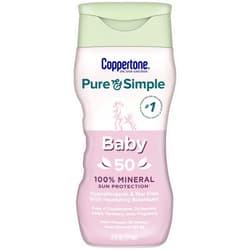 Coppertone Pure and Simple Baby Sunscreen SPF 50 Lotion, Zinc Oxide Mineral Sunscreen for Babies, Tear Free, Water Resistant, Broad Spectrum SPF 50 Sunscreen, 6 Fl Oz Bottle