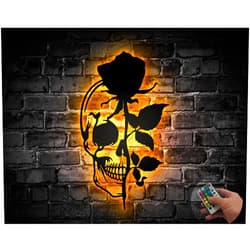 Zikako Metal Skull With Rose Wall Art - LED Lit Sugar Skull Sign, Skeleton Decor - Gift For Mom, Girlfriend, Wife or Christmas