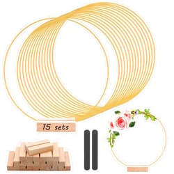 trophable 15Pcs 12 Inch Metal Floral Hoop Centerpiece with 15 PCS Wood Place Card Holders and Adjustable Foot Pads, Gold Wreath Macrame Hoop Rings Decorations for DIY Wedding Party Table Decor