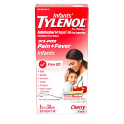 Tylenol Infants Oral Suspension Liquid Medicine with Acetaminophen, Baby Fever Reducer & Pain Reliever for Minor Aches & Pains, Sore Throat, Headache & Teething Pain, Dye-Free Cherry, 1 fl. oz