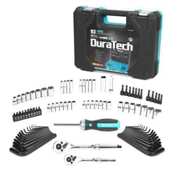 DURATECH 93 Piece Mechanics Tool Set, SAE/Metric Drive Socket Set(1/4 Inch and 3/8 Inch) with Ratchet handle Spark Plug Magnetic bit driver and Tool Accessories Set