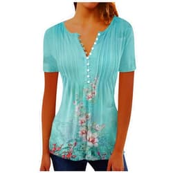 Shusuen Button Up Womens Tunic Tops to Wear with Leggings Bell V Neck Short Sleeve Floral Print Summer Henley Shirts