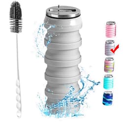 BeHeSo Collapsible Water Bottles with Silicone Brush - Straw Silicone Foldable Water Bottle Reusable Camping Cup Leak Proof Portable Travel Sport Water Bottle-500ml/17oz (Grey)