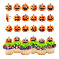 DecoPac Jack O' Lantern Cupcake Rings, 24 Spooky Pumpkin Cupcake Toppers For Halloween Parties & Celebrations, Orange Food Safe Cake Toppers – 24 Pack