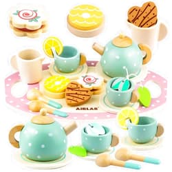 Airlab Wooden Tea Set for Little Girls Play Food Pretend Play Kitchen Accessories for 3 4 5 Years Old Girls and Boys Toddler Princess Tea Time Party Food Toys