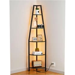 Furnulem 5 Tier Corner Shelf with LED Light, 67.2” Tall Standing Shelf for Wall Corner, Narrow Bookshelf Ladder Shelf for Bedroom, Living Room, Plant, Wood Storage Rack, Metal Frame (Black Oak)
