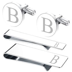 BodyJ4You 4PC Cufflinks, Tie Bar, Money Clip - Initial A-Z Engraving Alphabet Letter - Mirror Polished Steel Jewelry Set - Men's Cuff Links Shirt Suit - Fathers Day Wedding Groom Gift Box