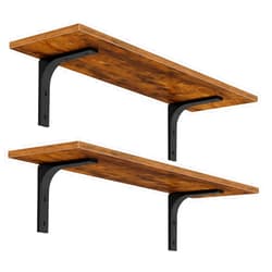 HOOBRO Floating Wall Shelves, 15.4 Inch Floating Shelves Set of 2, Wall Mounted Shelf Storage Shelves with Metal Brackets, for Living Room, Bedroom, Study, Bathroom, Rustic Brown and Black BF42BJP201