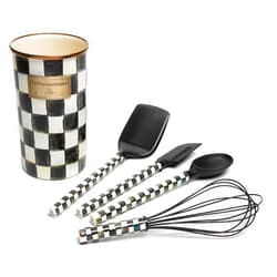 MACKENZIE-CHILDS Enamel Utensil Set, Cute Utensil Holder, Includes Turner, Spoon, Large Whisk, and Spatula, Black-and-White Courtly Check