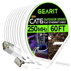GearIT Cat 6 Outdoor Flat Ethernet Cable (60ft, White) Direct Burial Rated LLDPE Jacket - Indoor Cat6 Shielded FTP 10Gbps High Speed Gaming Computer Network RJ45 Snagless Patch Cord Internet