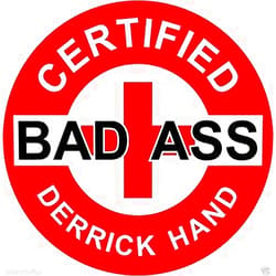 MFX Design Certified Bad A$ Derrick Hand Sticker Decal (Lot of 3) White On Red Hard Hat Sticker Decal Helmet Sticker Decal Toolbox Sticker Decal Vinyl - Made in USA 2 in.