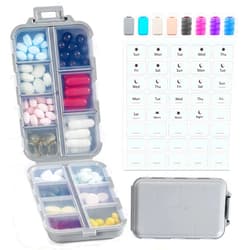 LANDNEOO 14 GRIDS Travel Pill Organizer Box with Labels - Travel Medicine Case Kit - Pocket Daily Pharmacy Container - Travel Medication Holder Dispenser for Fish Oil Vitamin Supplement Storage - Grey