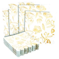 Sparkle and Bash Blue Paper Napkins with Gold Foil Floral Design and Scalloped Edges for Weddings, Baby Showers, and Bridal Showers (3-Play, 5x5 in), Pack of 50