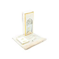 ihvan online Taffeta Fabric Muslim Prayer Rug, Velvet Covered Yaseen Surah Pocket Size Book, Prayer Beads Set with Kraft Boxed, Dowry Box for Men & Women, Islamic Ramadan Eid & Wedding Gifts, White