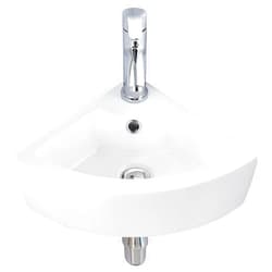 VASOYO Small Corner Bathroom Sink Wall Mount White Triangle Porcelain Ceramic Above Counter Mini Wall Vanity Vessel Sinks with Single Faucet Hole and Overflow