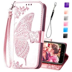 KRHGEIK Wallet Case for iPhone SE 2020/SE 2022/iPhone 8/iPhone 7,Women Butterfly Embossed PU Leather Kickstand Credit Card Holder Slots Wrist Strap Flip Cover for iPhone 7/8/SE 2nd 3rd Gen (Rose Gold)