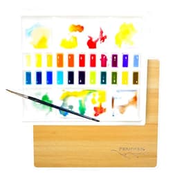 SENSORY4U Ceramic Watercolor Paint Palette with Wooden Lid - 12x10 Inch Porcelain Mixing Tray with 22 Wells and 6 Large Wells - Professional Palette for Gouache, Acrylics, and More - Durable Design