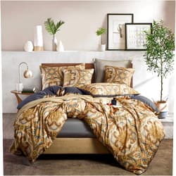 CinYana Vintage Style Duvet Cover King Paisley Floral Duvet Cover Set 5 PCS Boho Bedding Set Gold Duvet Cover Set(Gold,King/California King)