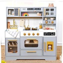 Bpmfkid Wooden Play Kitchen for Kids – Pretend Play Kitchen Set with Realistic Stove, Sink, Coffee Maker, Ice Maker, Toy Kitchen Toddlers Ages 3+