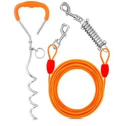 Petbobi Dog Tie Out Cable and Stake - 30ft Heavy Duty Cable with Spring - No Tangle, 16in Ground Stake - Ideal for Yard, Camping, and Beach - Suitable for Medium Large Dogs Up to 120lbs, Orange