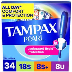 Tampax Pearl Tampons Trio Pack, Super/Super Plus/Ultra Absorbency with BPA-Free Plastic Applicator and LeakGuard Braid, Unscented, 34 Count
