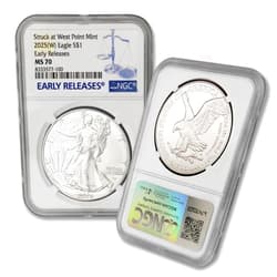MINT STATE GOLD 2025 (W) 1 oz American Silver Eagle Coin MS-70 (Early Releases - Struck at West Point Mint) $1 NGC MS70