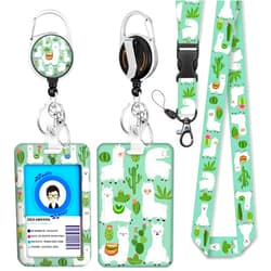 GIANCOMICS Cute Alpaca&Cactus Lanyards Detachable for Id Badges, Green Plants Retractable ID Badge Holder, Fashionable Badge Reel Heavy Duty with 360 Degrees Rotate Carabiner Clip, Nurse Teacher Office Gifts