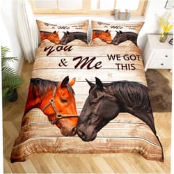Castle Fairy Cute Horse Duvet Cover Set Queen Size Brown Rustic Farmhouse Wooden Comforter Cover Romantic Animals Bedding Set 3pcs Kids Girls Boys Adults Room Decor 3D Horse Family Quilt Cover,2 Pillowcases