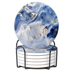 Hoomey Set of 6 Abstract Navy Blue Marble Coasters with Holder, Absorbent Ceramic Drink Coasters for Table Protection, Housewarming Gifts for New Home