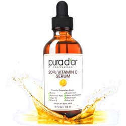 PURA D'OR 20% Vitamin C Serum 4 Oz - Lightweight Maximum Strength Formula - Retinol, Hyaluronic Acid, Ferulic Acid - Professional Grade Treatment For Face & Eyes, Wrinkles - Men & Women