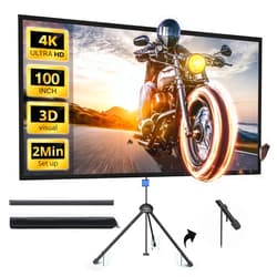 PARIS RHÔNE Projector Screen with Stand, PARIS RHÔNE 100-inch Outdoor Indoor Projector Screen 16:9 4K HD PVC, 1.5 Gain Portable Wrinkle-Free Movie Screen for Home Backyard Theater with Carry Bag, Ground Nails