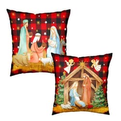 Wnoesat Christmas Holy Night Pillow Covers 18x18 Set of 2 Jesus Nativity Angel Red Buffalo Plaid Throw Pillow Cases Winter Holiday Xmas Cushion Case Decoration for Sofa Couch Patio