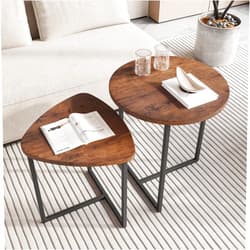 HOJINLINERO Round Coffee Table Set of 2 End Tables for Living Room,Black Small Coffee Table Living Room Table,Metal Frame & Wood,Sturdy and Easy Assembly,Stacking Side Tables Bedroom,Brown