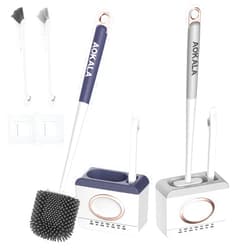 Aokala 2 Pack Toilet Brush & Holder Set, Light Gray & Dark Gray, Silicone Bristle for Deep Cleaning, Modern Design Bathroom Accessories