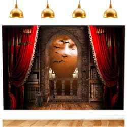 Avezano Halloween Photography Backdrop Magical Broom Vampires Medieval Castle Background Spooky Witch Bats Mid Century Vintage Child Kids Photoshoot Photo Studio Booth Decorations (Orange, 7x5ft)