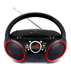 SINGING WOOD 030C Portable CD Player Boombox with AM FM Stereo Radio, Aux Line in, Headphone Jack, Supported AC or Battery Powered (Black with a Touch of Red Rims)