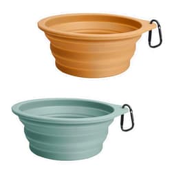 PetBonus 2-Pack Silicone Collapsible Dog Bowls, BPA Free Dishwasher Safe, Portable Foldable Expandable Travel Bowl, Food Water Feeding Cup Dish for Dogs Cats with 2 Carabiners (Turquoise, Tan)