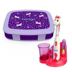 Bentgo Kids Print Leak-Proof, 5-Compartment Bento-Style Lunch Box + Brusheez Kid's Electric Toothbrush Set, Unicorn