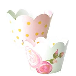 Confetti Couture Pink Blush & Gold Floral Cupcake Wrappers - Bridal or Baby Girl Shower, Vintage Rose, 1st Birthday Party Decoration Supplies, Fairytale Princess, Romantic Wedding Dessert Holder, Graduation - 24 Count